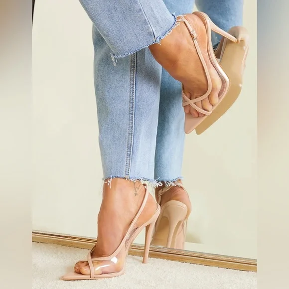 PLT Nude PU Clear Slingback High Heel Court Shoes - Picture 2 of 4